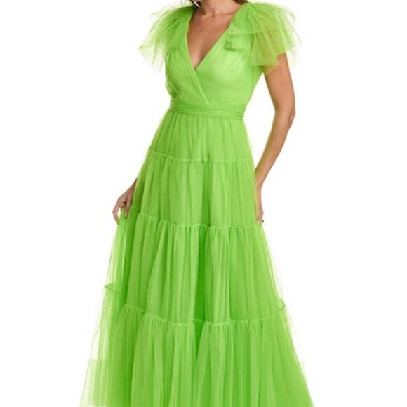 ML Monique Lhuillier Halcyon Green Flutter Sleeve Tiered Tulle Gown